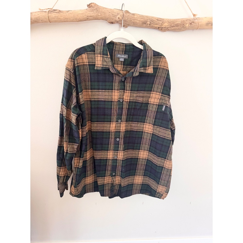 Eddie Bauer Mens XXL Green Navy Tan Plaid Flannel Button Down Shirt Cotton L/S